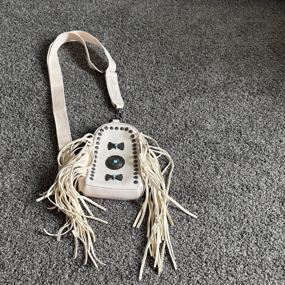 Montana west Fringe Crossbody Bag with Turquoise Stud Accents - Cream